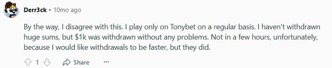 TonyBet casino Reddit discussion